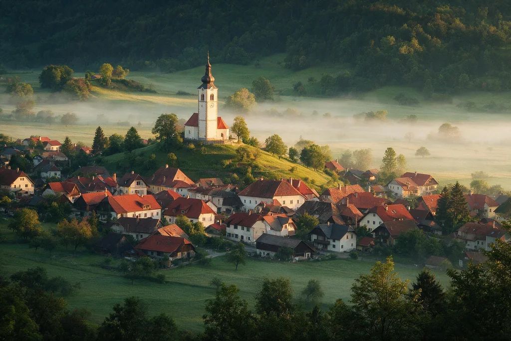 Fotografija: slovensko mestece v zeleni dolini s cerkvenim zvonikom